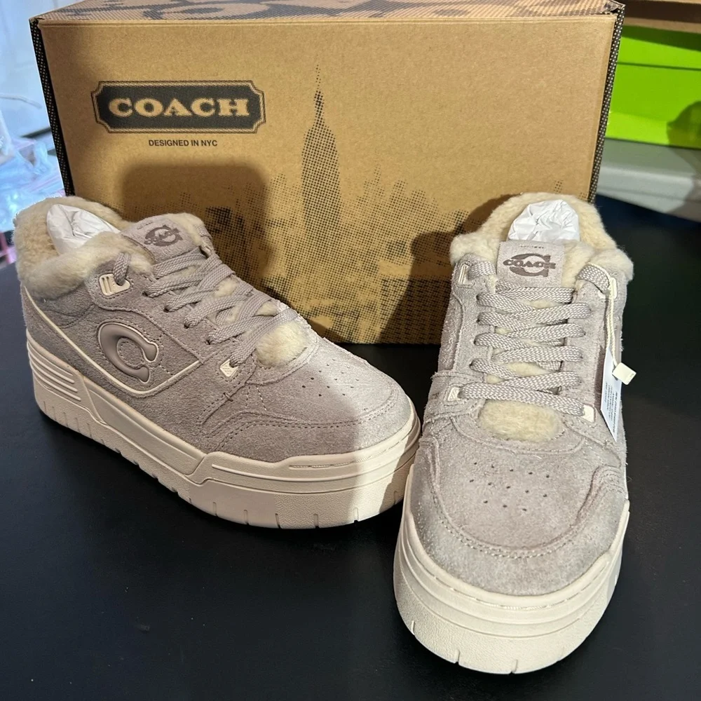 Coach Taupe Suede Platform Sneakers with Shearling size 7 1/2 - Picture 1 of 6